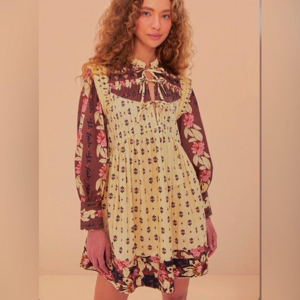 FARM‎ RIO Ainika Maxi Floral Cream Open Yoke Mini Dress XXS